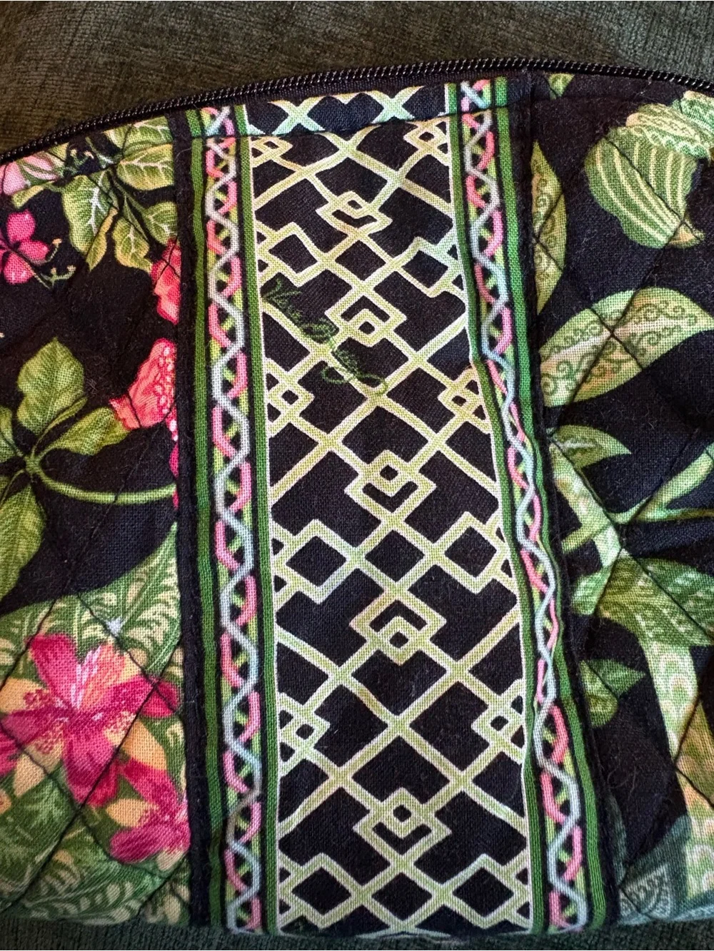 Vera Bradley Black Floral Quilted Cosmetic Pouch with Pink & Green Accents